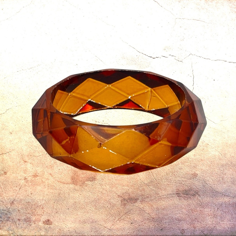 Vintage Faceted Root Beer Lucite Bangle Bracelet Geometric Design Estate Pc